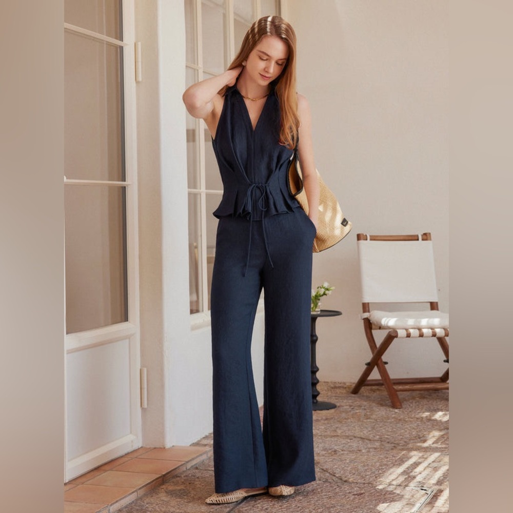 OGL 2Pcs Set Collared V-neck Sleeveless Top & Mid Rise Flared Pant Denim Navy S